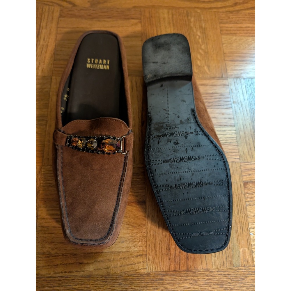 Stuart Weitzman Suede Loafers Brown Jeweled Preppy Block Heel Size 7.5 Y2K 7 1/2 - Picture 5 of 6
